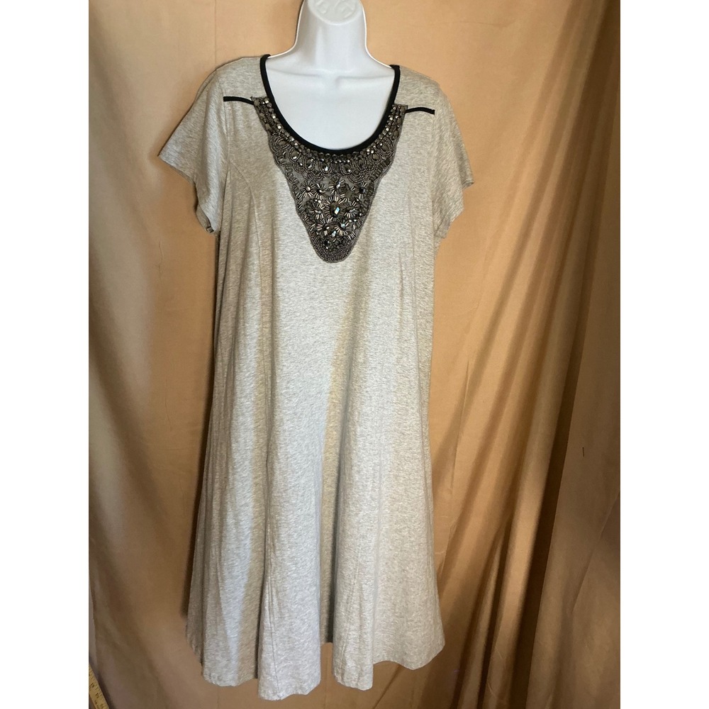 Roaman's A-Line Dress Womens Large Gray Excellent Beaded Sequin Bib Knit